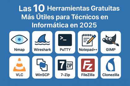 Las 10 Herramientas Gratuitas Más Útiles para Técnicos en Informática en 2025”. Muestra las mejores aplicaciones gratuitas para diagnóstico, mantenimiento y reparación de computadoras. Incluye HWiNFO, CrystalDiskInfo, MemTest86 Free, Revo Uninstaller Free, Ventoy, BleachBit, TronScript, Ninite, Autoruns y Clonezilla Live. Ideal para técnicos informáticos, entusiastas del hardware y profesionales IT que buscan optimizar su flujo de trabajo con software gratuito, confiable y actualizado. Diseño moderno con fondo azul y estilo visual limpio que refleja tecnología y profesionalismo.